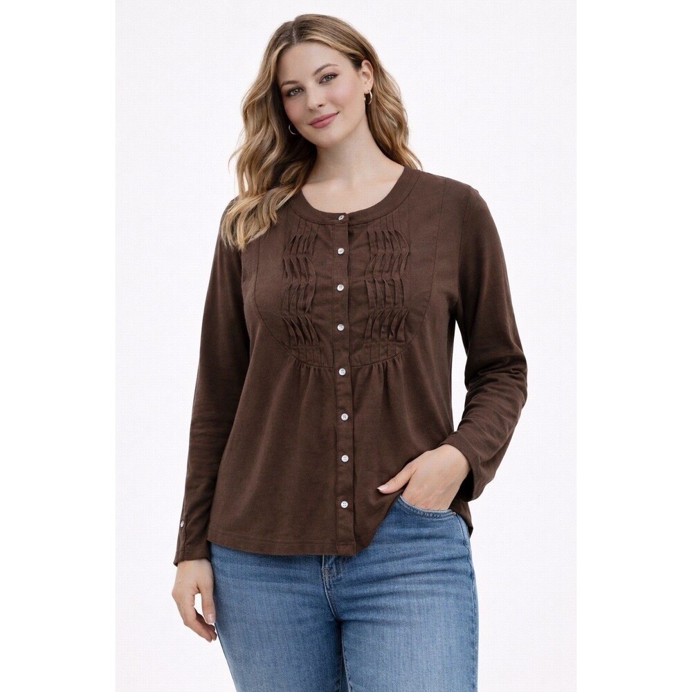 Charter Club Women's Brown Button Front Blouse Pintuck Detail Long Sleeve Size L